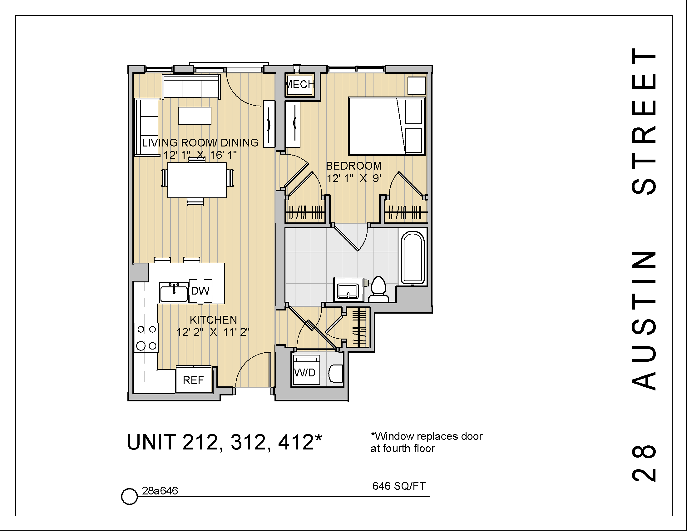 Floor plan for 1 bed, 1 bath, 646 sqft